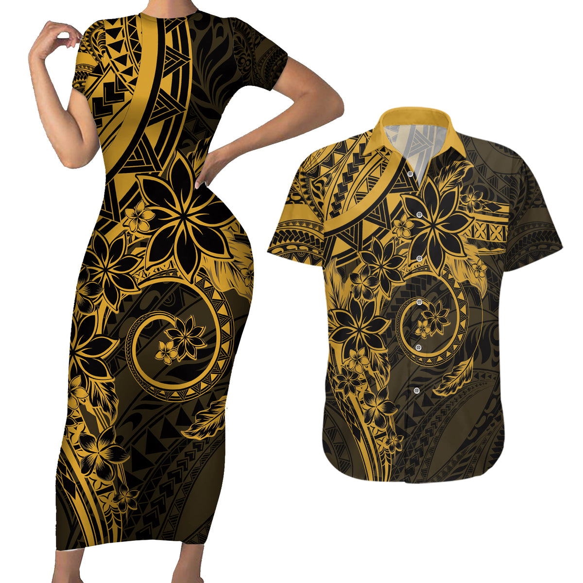 Polynesian Sunset Plumeria Couples Matching Short Sleeve Bodycon Dress and Hawaiian Shirt Gold Polynesian Tattoo LT05 Gold - Polynesian Pride