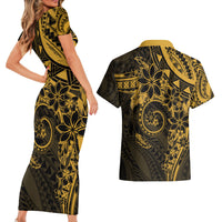 Polynesian Sunset Plumeria Couples Matching Short Sleeve Bodycon Dress and Hawaiian Shirt Gold Polynesian Tattoo LT05 - Polynesian Pride