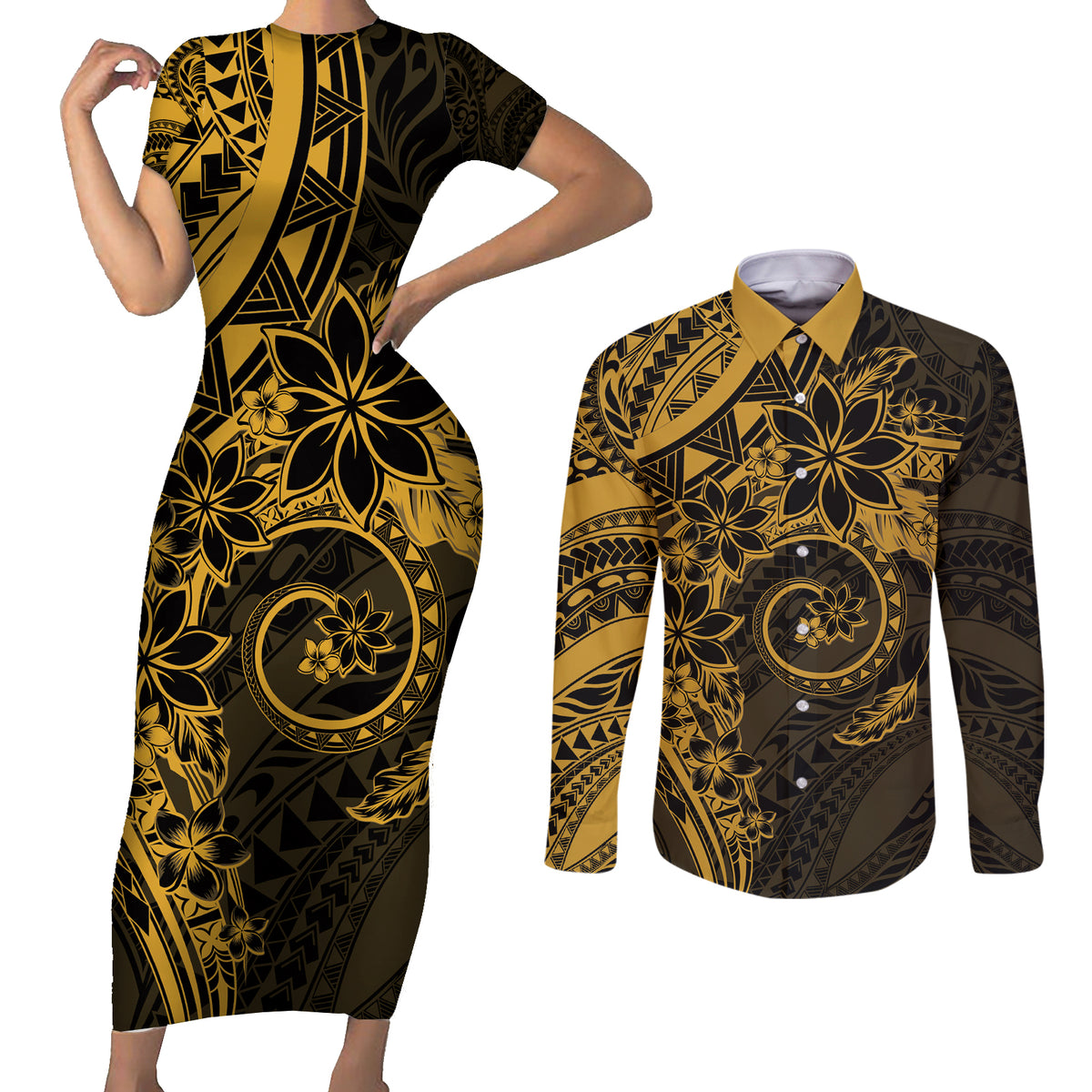 Polynesian Sunset Plumeria Couples Matching Short Sleeve Bodycon Dress and Long Sleeve Button Shirt Gold Polynesian Tattoo