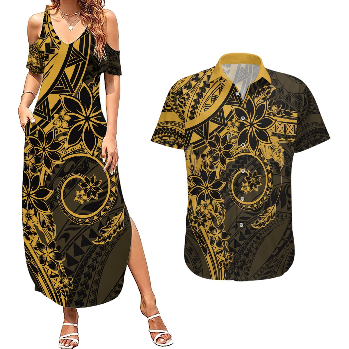 Polynesian Sunset Plumeria Couples Matching Summer Maxi Dress and Hawaiian Shirt Gold Polynesian Tattoo