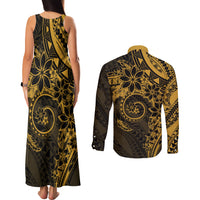 Polynesian Sunset Plumeria Couples Matching Tank Maxi Dress and Long Sleeve Button Shirt Gold Polynesian Tattoo