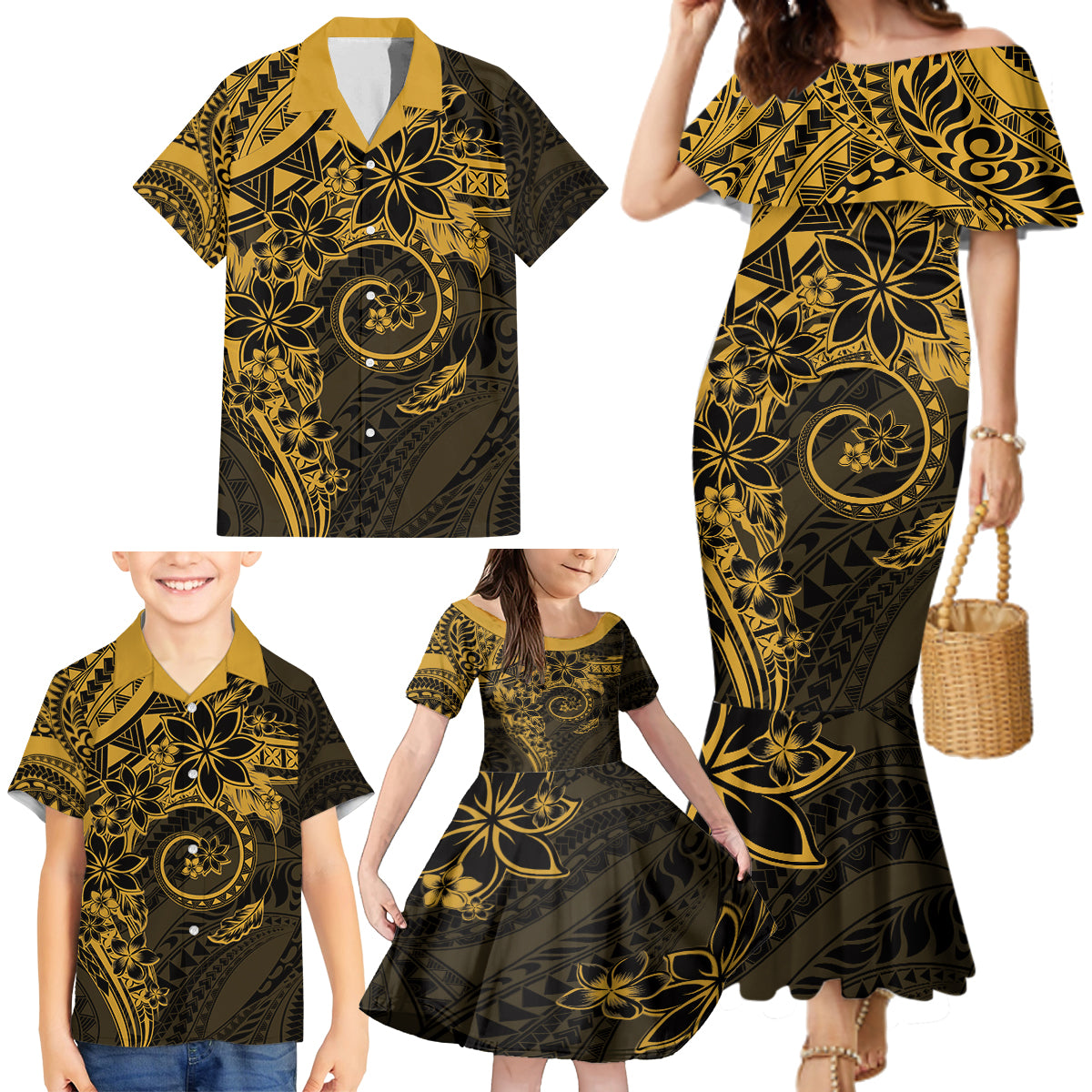 Polynesian Sunset Plumeria Family Matching Mermaid Dress and Hawaiian Shirt Gold Polynesian Tattoo