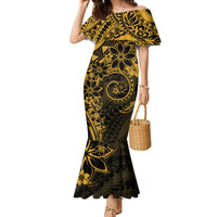 Polynesian Sunset Plumeria Family Matching Mermaid Dress and Hawaiian Shirt Gold Polynesian Tattoo