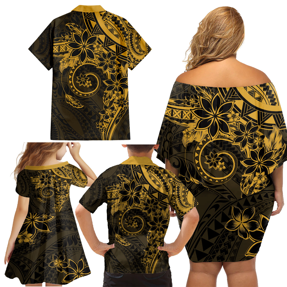 Polynesian Sunset Plumeria Family Matching Off Shoulder Short Dress and Hawaiian Shirt Gold Polynesian Tattoo