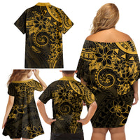 Polynesian Sunset Plumeria Family Matching Off Shoulder Short Dress and Hawaiian Shirt Gold Polynesian Tattoo