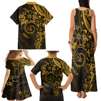 Polynesian Sunset Plumeria Family Matching Tank Maxi Dress and Hawaiian Shirt Gold Polynesian Tattoo