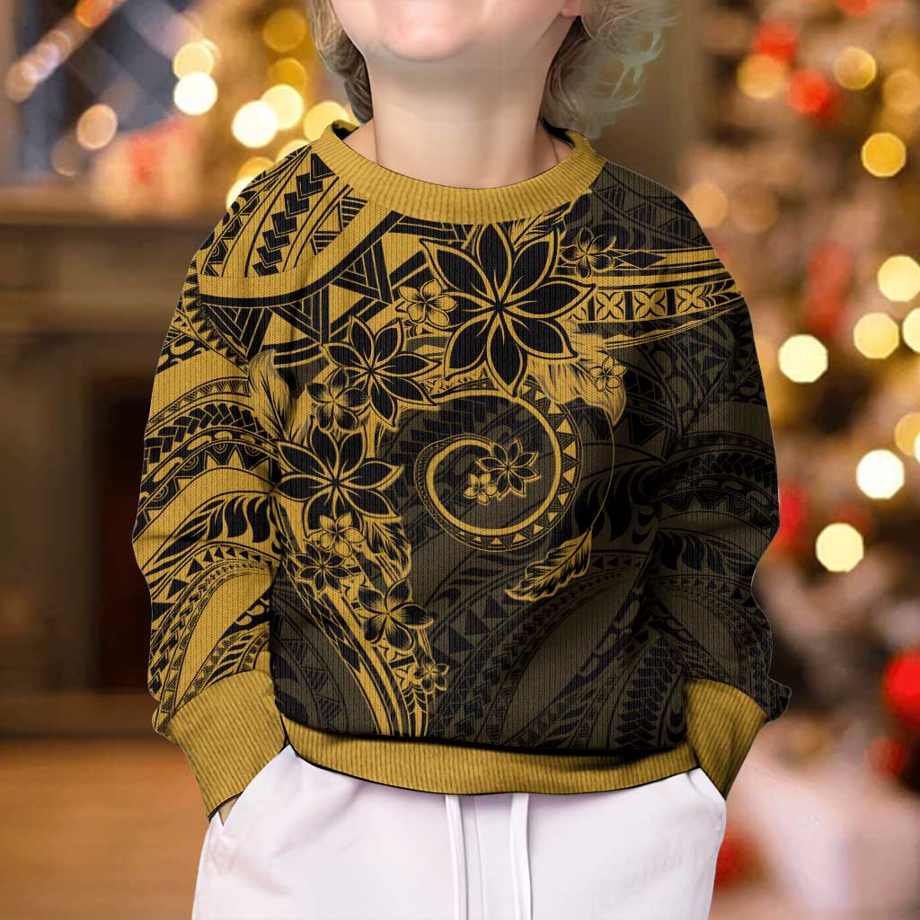 Polynesian Sunset Plumeria Kid Ugly Christmas Sweater Gold Polynesian Tattoo