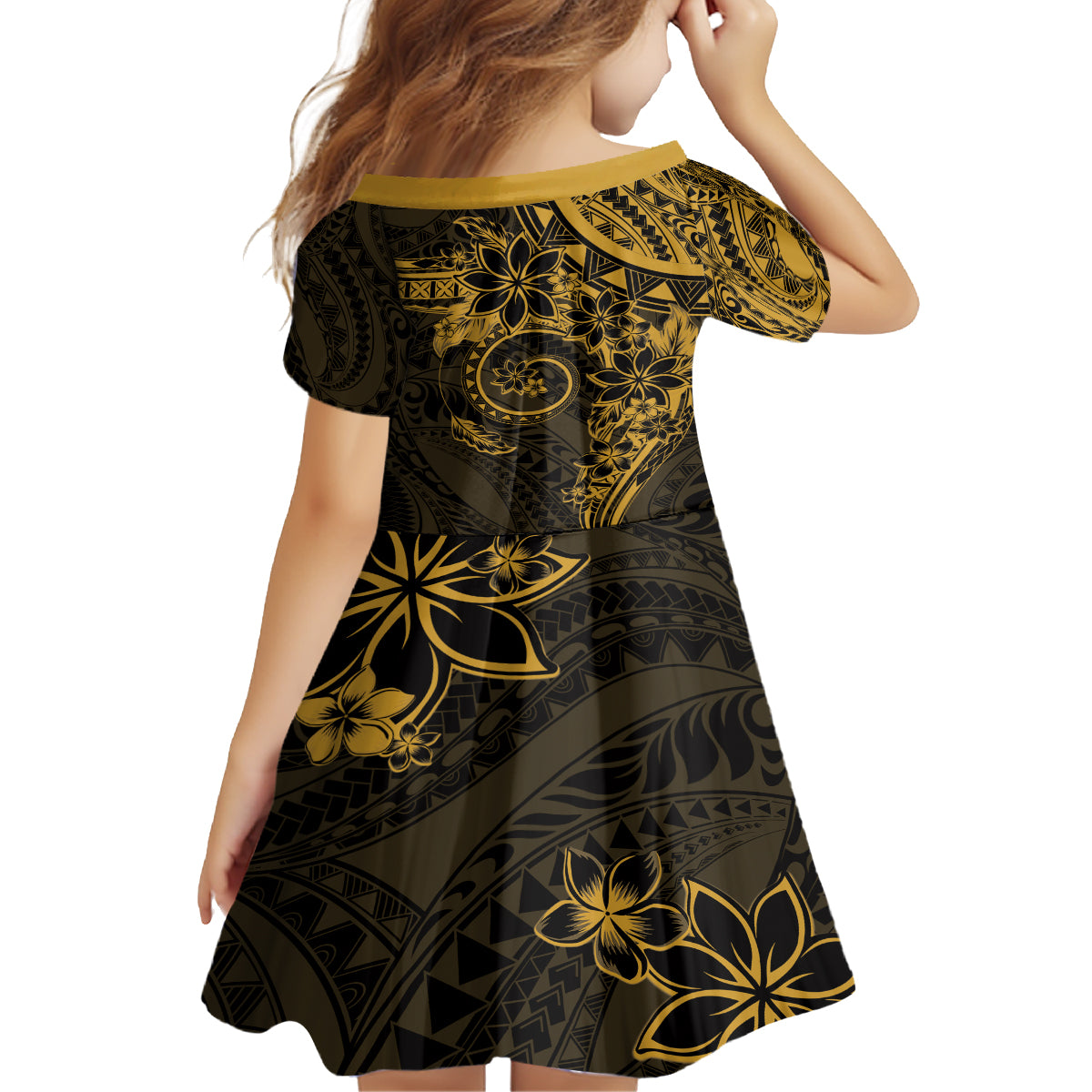Polynesian Sunset Plumeria Kid Short Sleeve Dress Gold Polynesian Tattoo