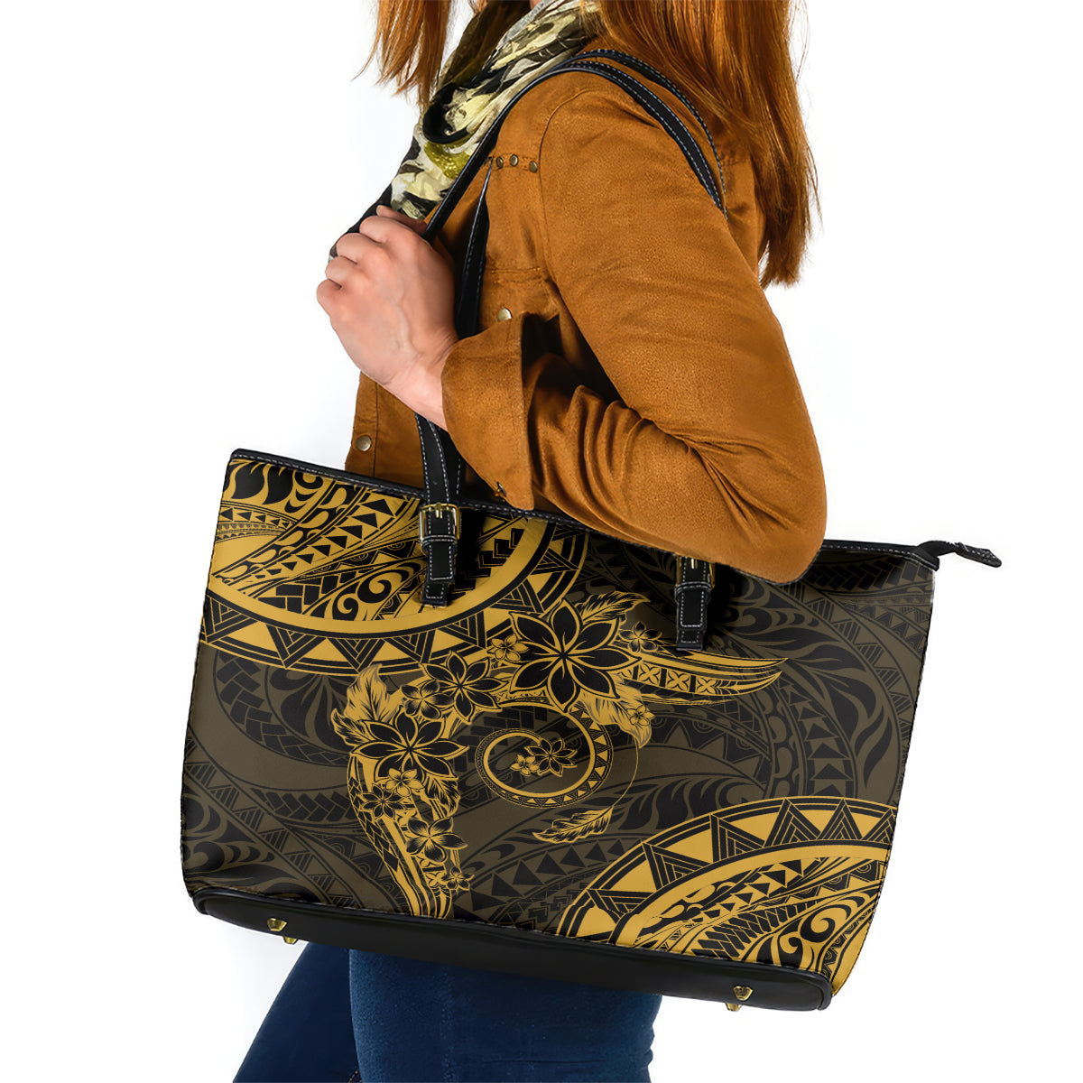 Polynesian Sunset Plumeria Leather Tote Bag Gold Polynesian Tattoo