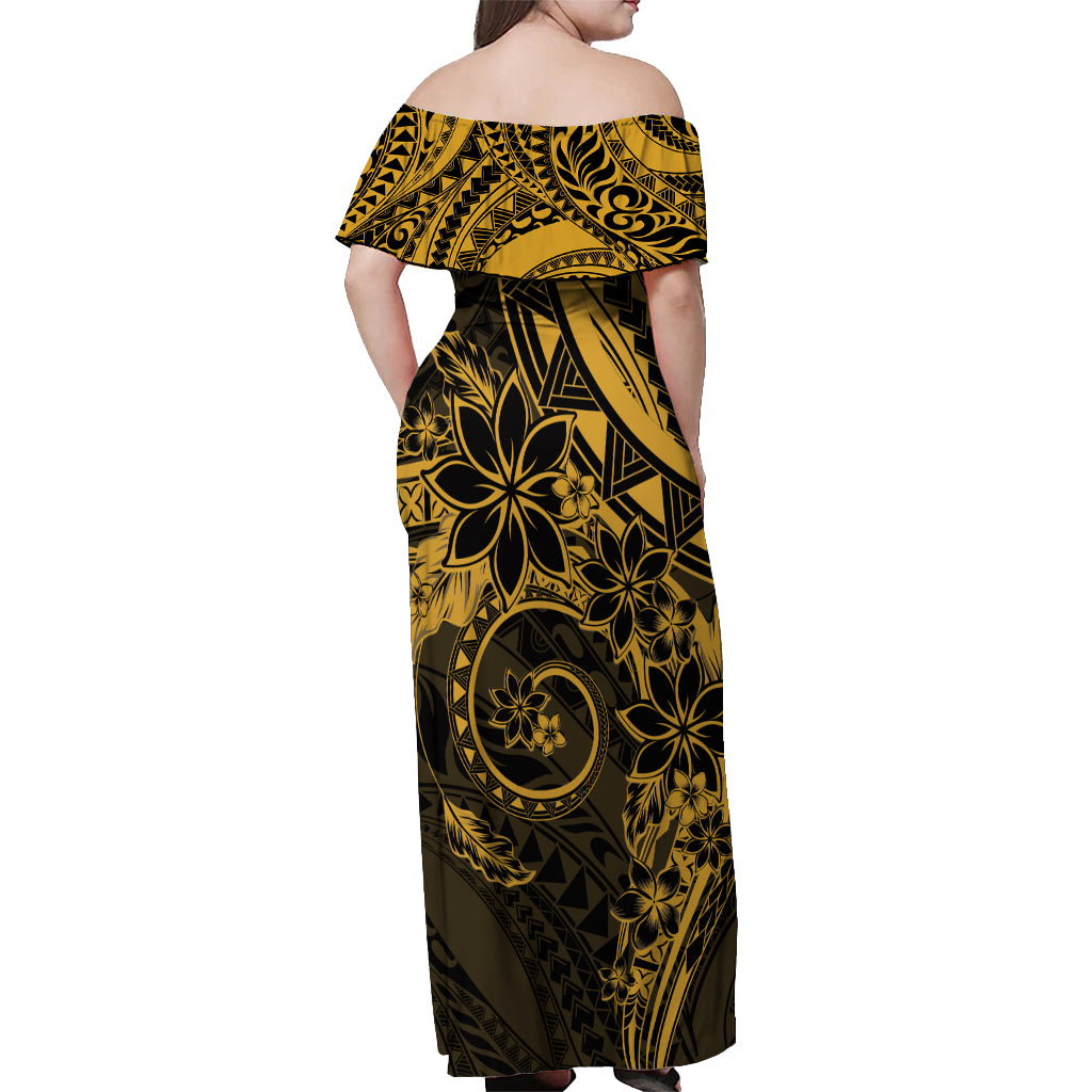 Polynesian Sunset Plumeria Off Shoulder Maxi Dress Gold Polynesian Tattoo