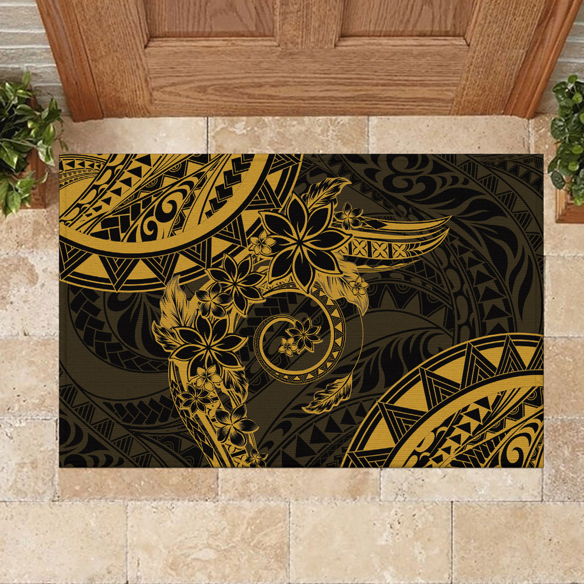 Polynesian Sunset Plumeria Rubber Doormat Gold Polynesian Tattoo