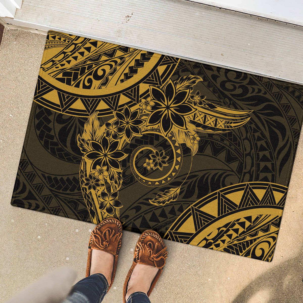 Polynesian Sunset Plumeria Rubber Doormat Gold Polynesian Tattoo