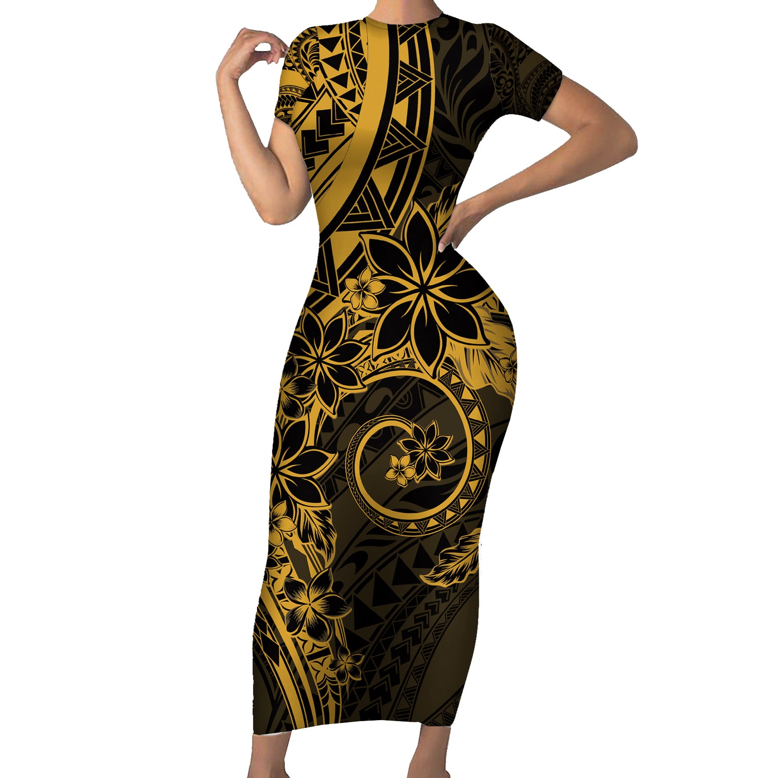 Polynesian Sunset Plumeria Short Sleeve Bodycon Dress Gold Polynesian Tattoo