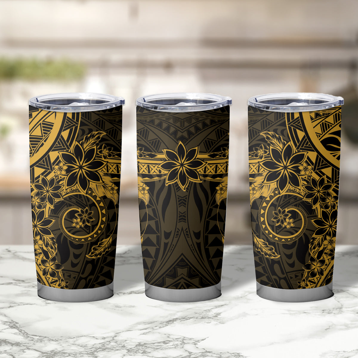 Gold Polynesian Pattern With Plumeria Flowers Tumbler Cup