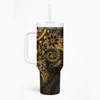 Gold Polynesian Pattern With Plumeria Flowers Tumbler With Handle
