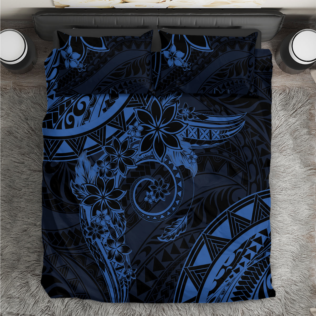 Polynesian Sunset Plumeria Bedding Set Navy Polynesian Tattoo