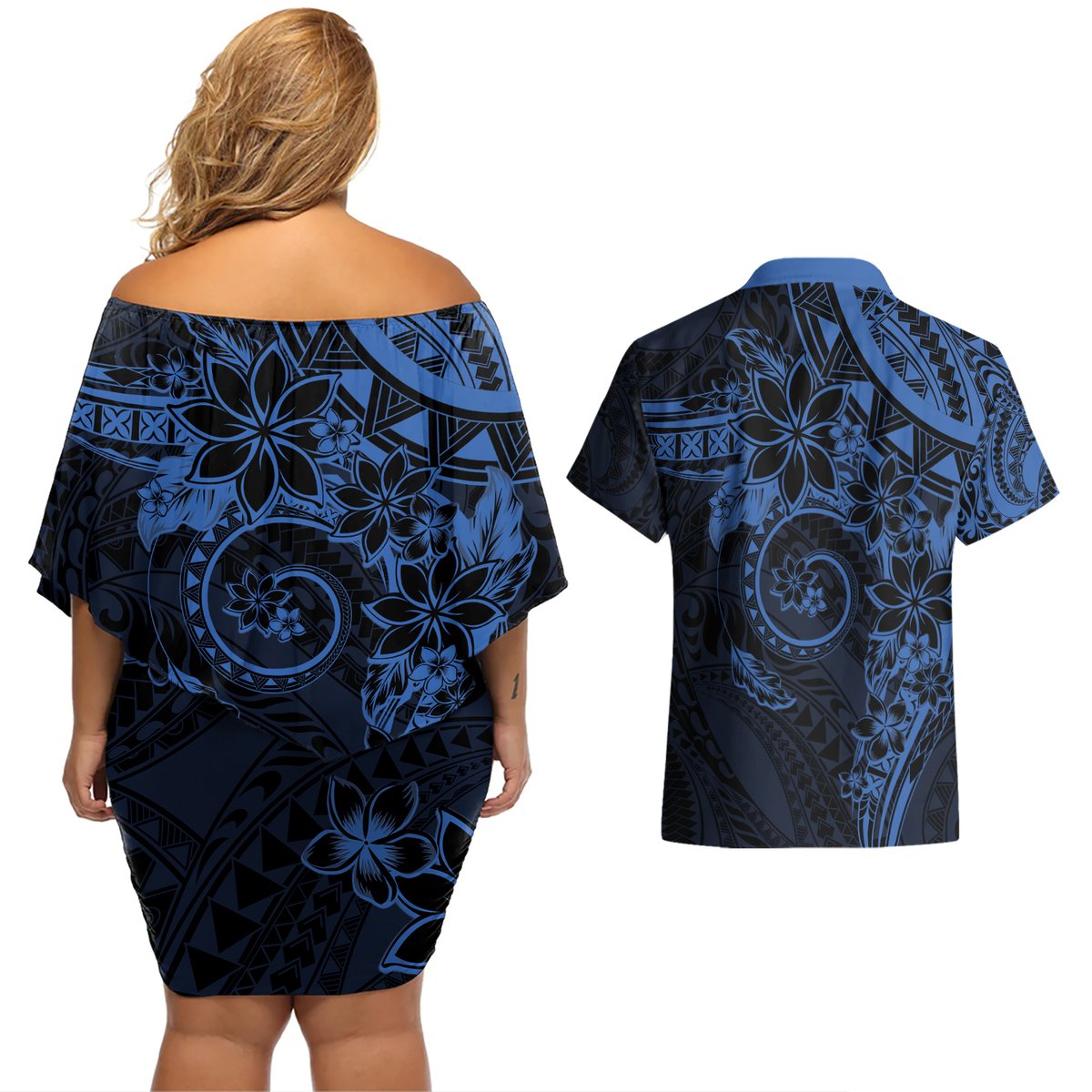 Polynesian Sunset Plumeria Couples Matching Off Shoulder Short Dress and Hawaiian Shirt Navy Polynesian Tattoo