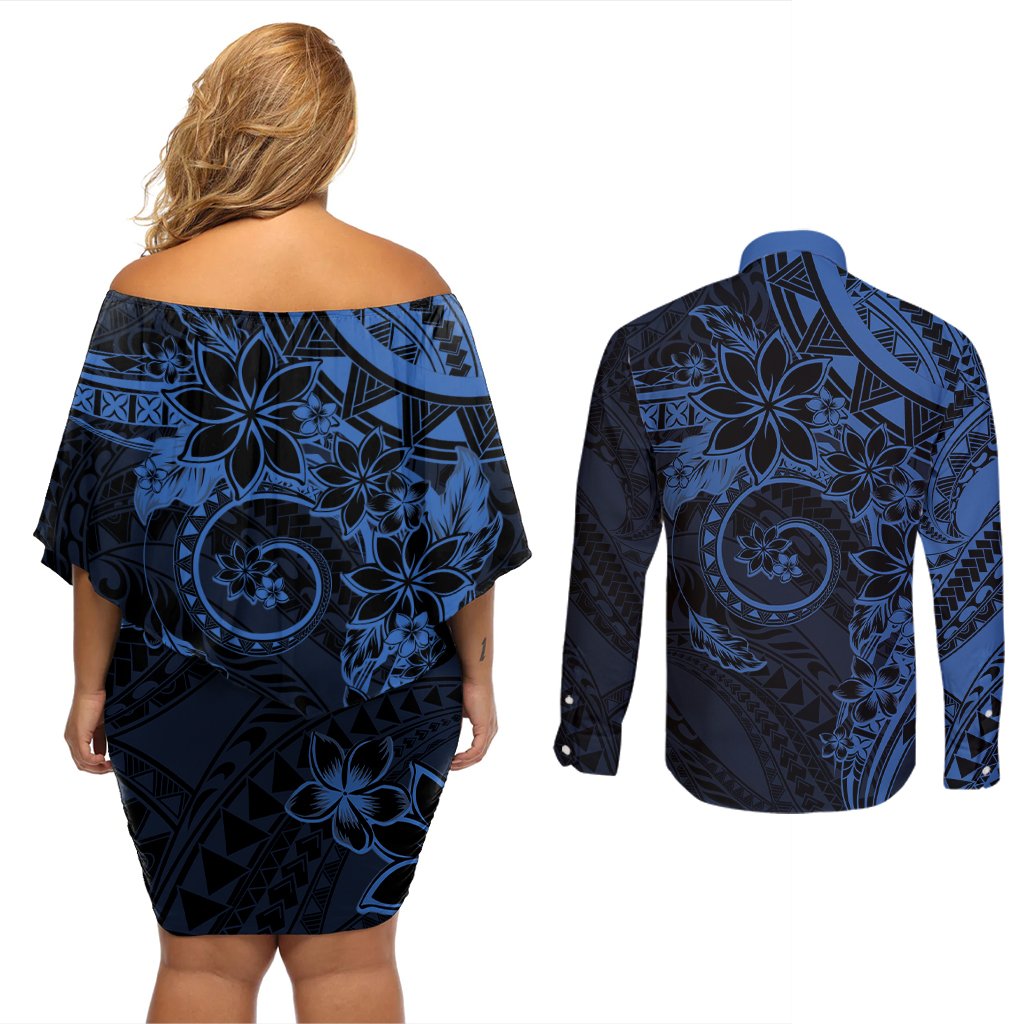 Polynesian Sunset Plumeria Couples Matching Off Shoulder Short Dress and Long Sleeve Button Shirt Navy Polynesian Tattoo