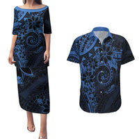 Polynesian Sunset Plumeria Couples Matching Puletasi and Hawaiian Shirt Navy Polynesian Tattoo