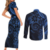 Polynesian Sunset Plumeria Couples Matching Short Sleeve Bodycon Dress and Long Sleeve Button Shirt Navy Polynesian Tattoo
