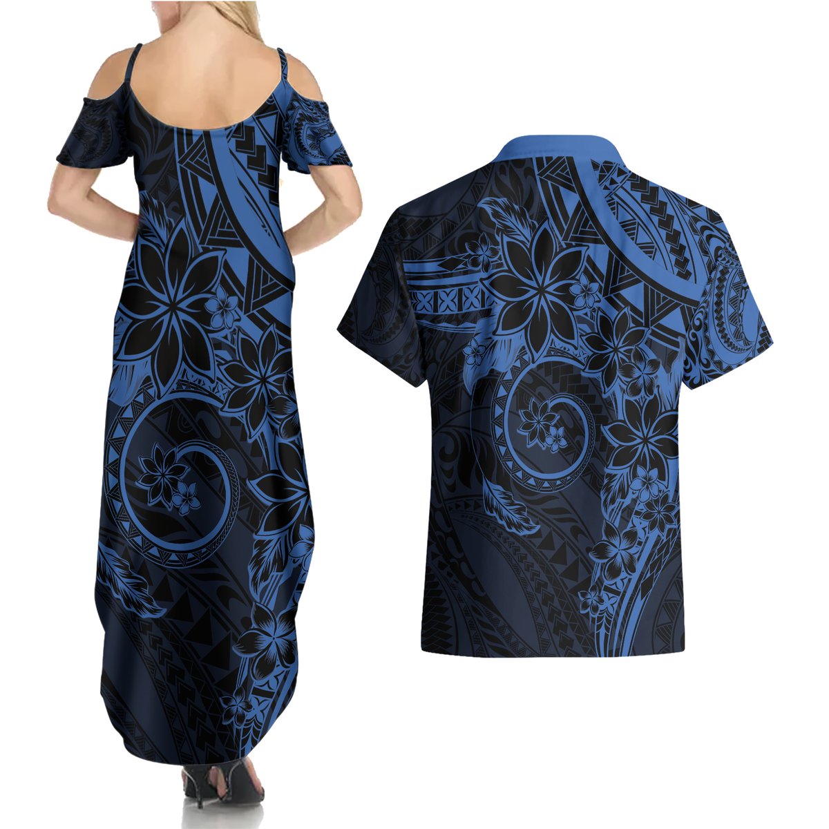 Polynesian Sunset Plumeria Couples Matching Summer Maxi Dress and Hawaiian Shirt Navy Polynesian Tattoo
