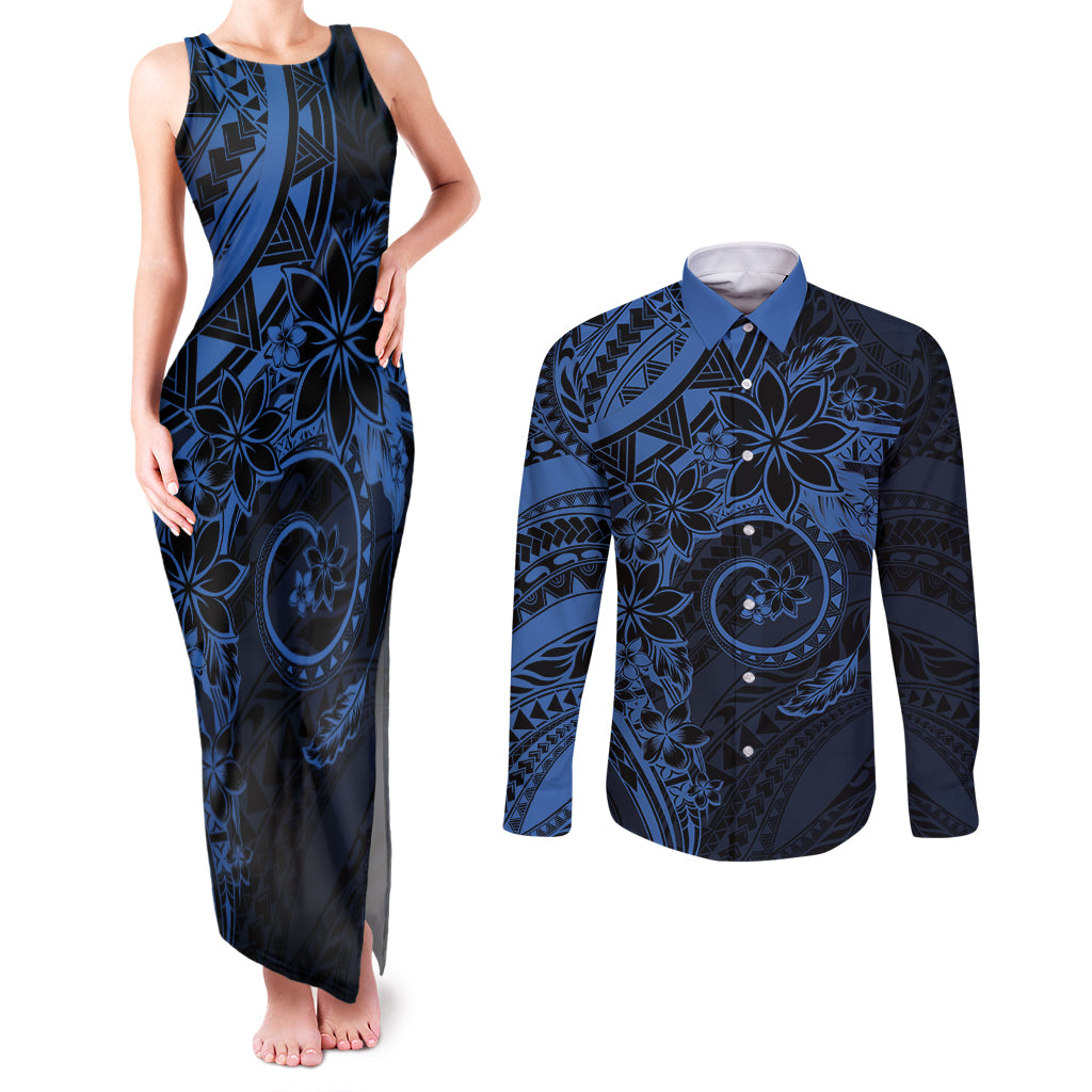 Polynesian Sunset Plumeria Couples Matching Tank Maxi Dress and Long Sleeve Button Shirt Navy Polynesian Tattoo