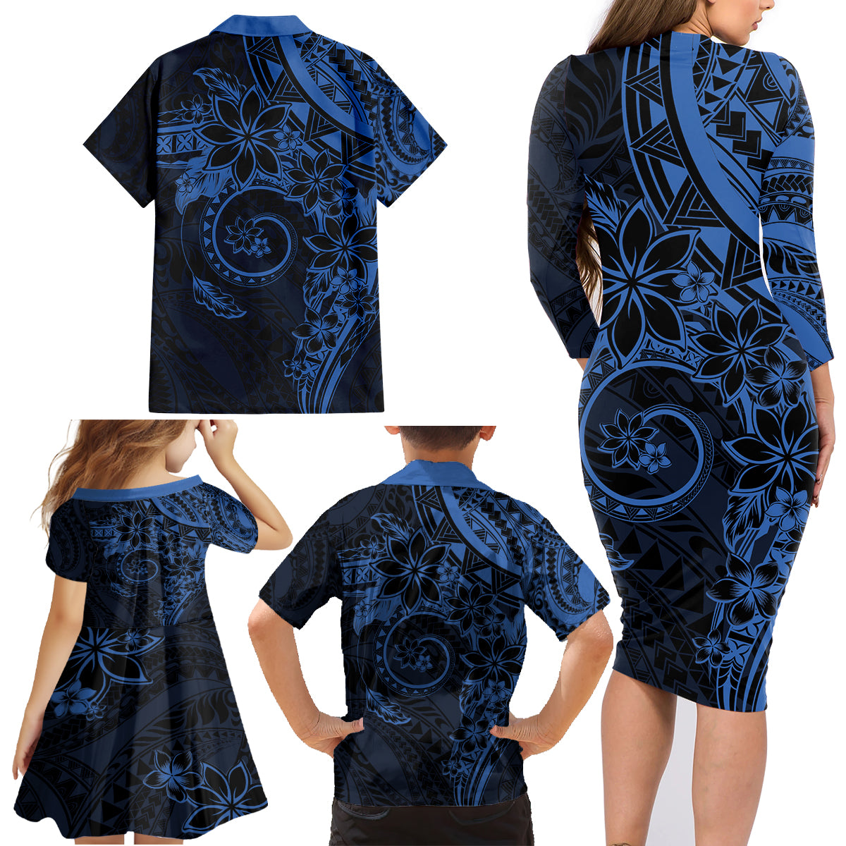 Polynesian Sunset Plumeria Family Matching Long Sleeve Bodycon Dress and Hawaiian Shirt Navy Polynesian Tattoo