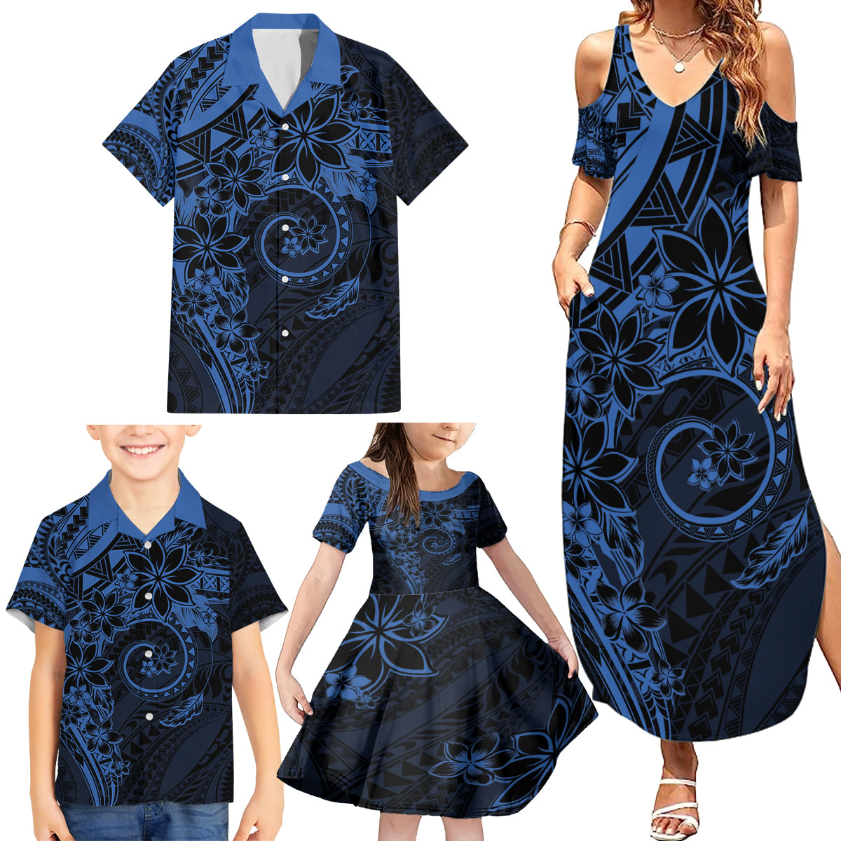 Polynesian Sunset Plumeria Family Matching Summer Maxi Dress and Hawaiian Shirt Navy Polynesian Tattoo LT05 - Polynesian Pride