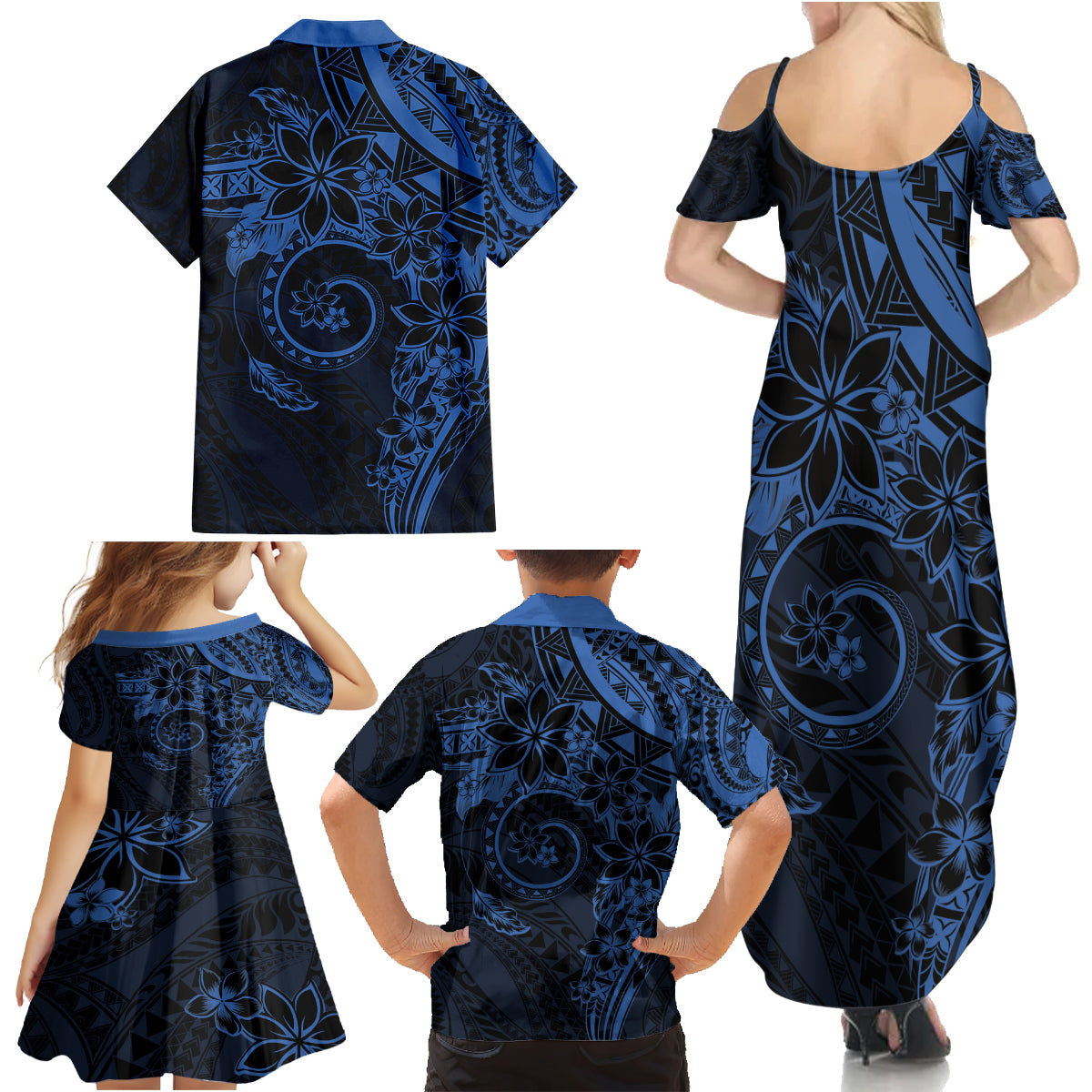 Polynesian Sunset Plumeria Family Matching Summer Maxi Dress and Hawaiian Shirt Navy Polynesian Tattoo LT05 - Polynesian Pride
