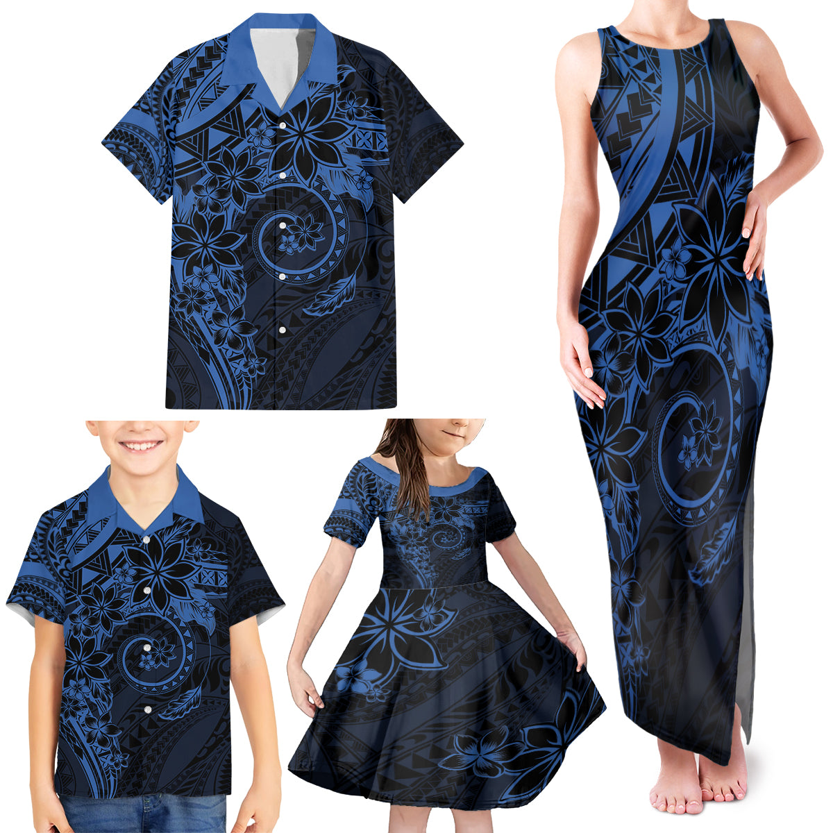Polynesian Sunset Plumeria Family Matching Tank Maxi Dress and Hawaiian Shirt Navy Polynesian Tattoo