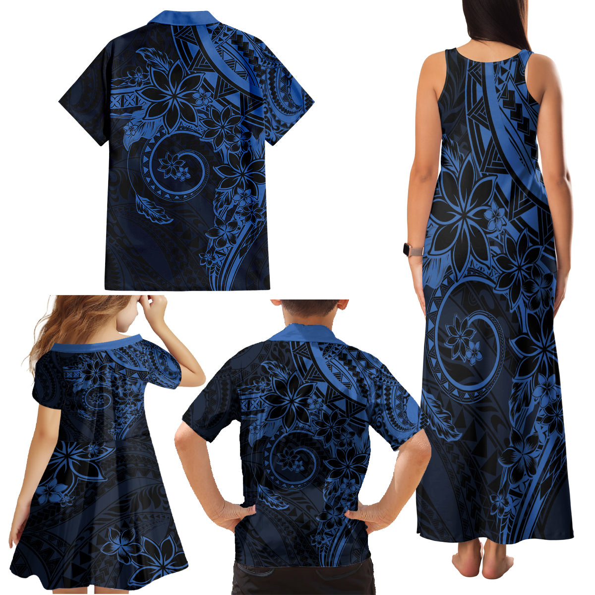 Polynesian Sunset Plumeria Family Matching Tank Maxi Dress and Hawaiian Shirt Navy Polynesian Tattoo
