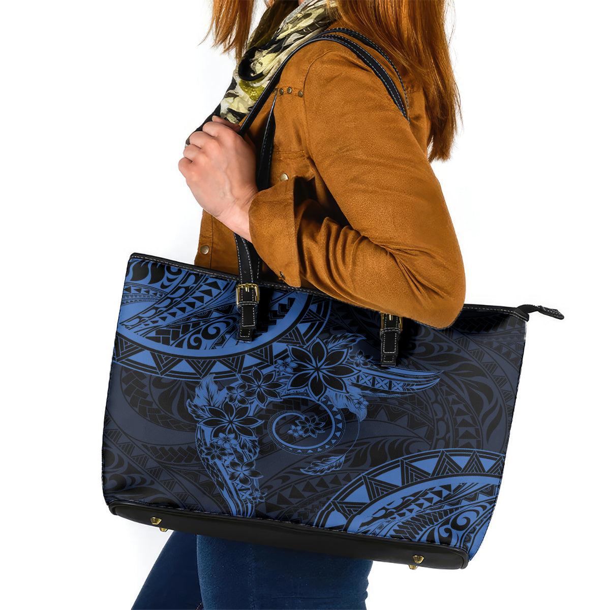 Polynesian Sunset Plumeria Leather Tote Bag Navy Polynesian Tattoo