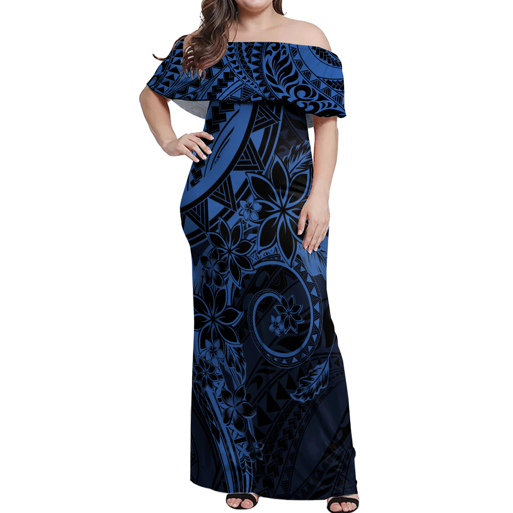 Polynesian Sunset Plumeria Off Shoulder Maxi Dress Navy Polynesian Tattoo