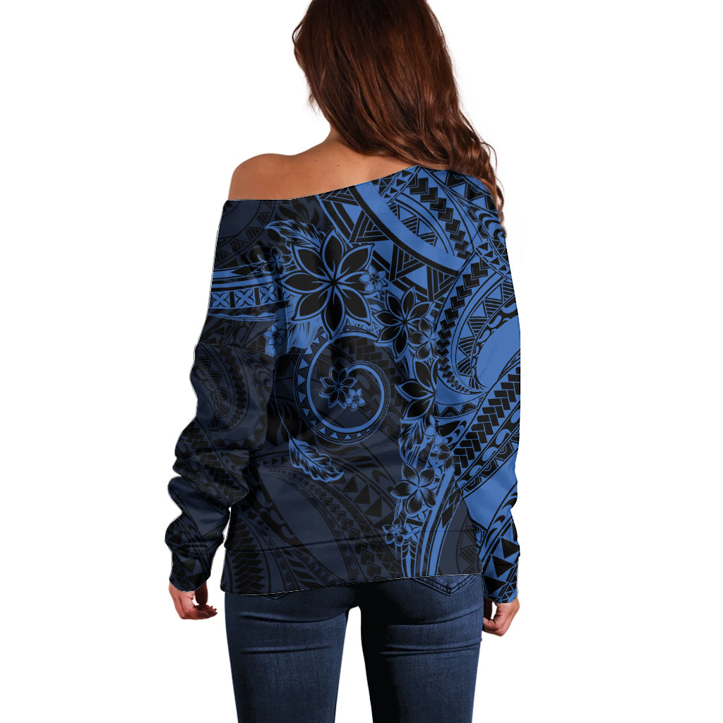 Polynesian Sunset Plumeria Off Shoulder Sweater Navy Polynesian Tattoo