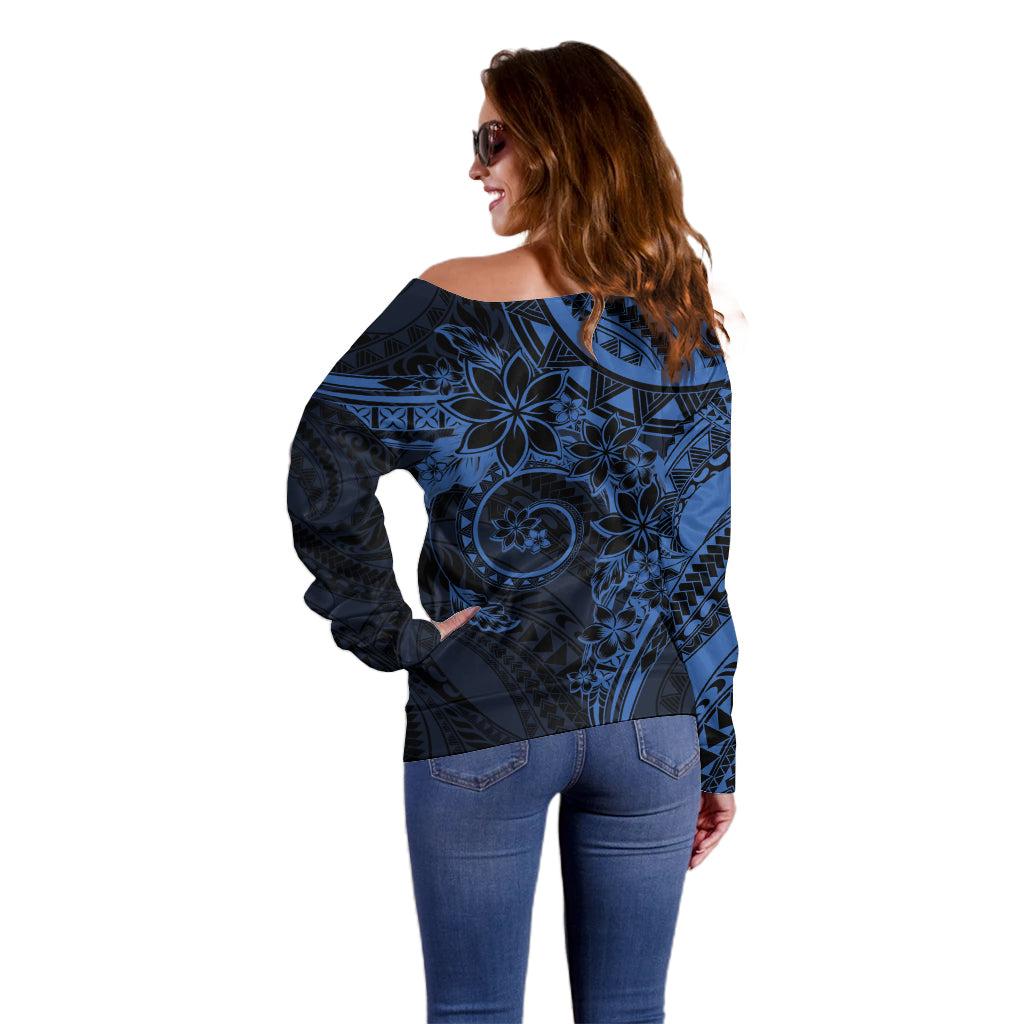 Polynesian Sunset Plumeria Off Shoulder Sweater Navy Polynesian Tattoo