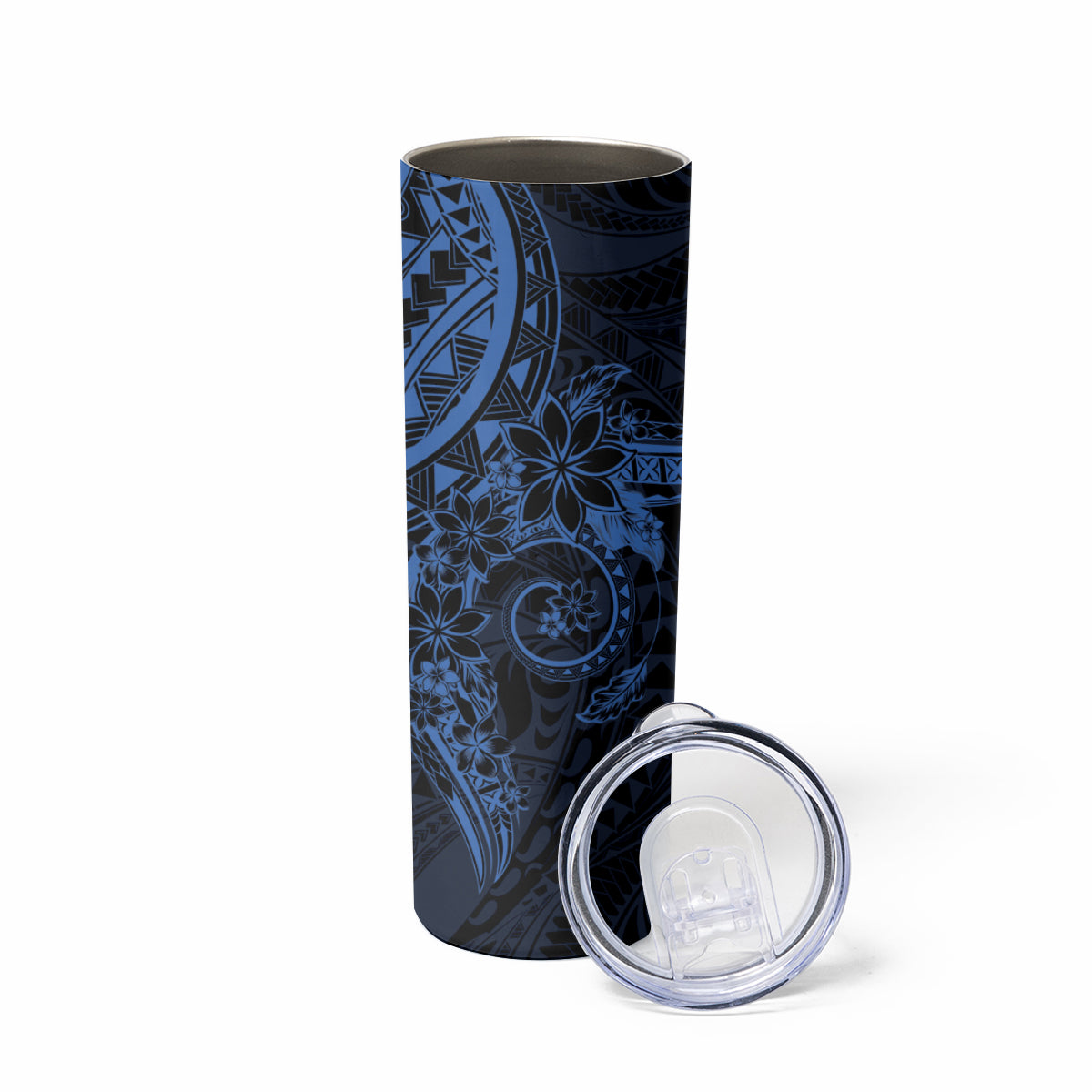 Navy Polynesian Pattern With Plumeria Flowers Skinny Tumbler