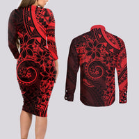 Polynesian Sunset Plumeria Couples Matching Long Sleeve Bodycon Dress and Long Sleeve Button Shirt Red Polynesian Tattoo
