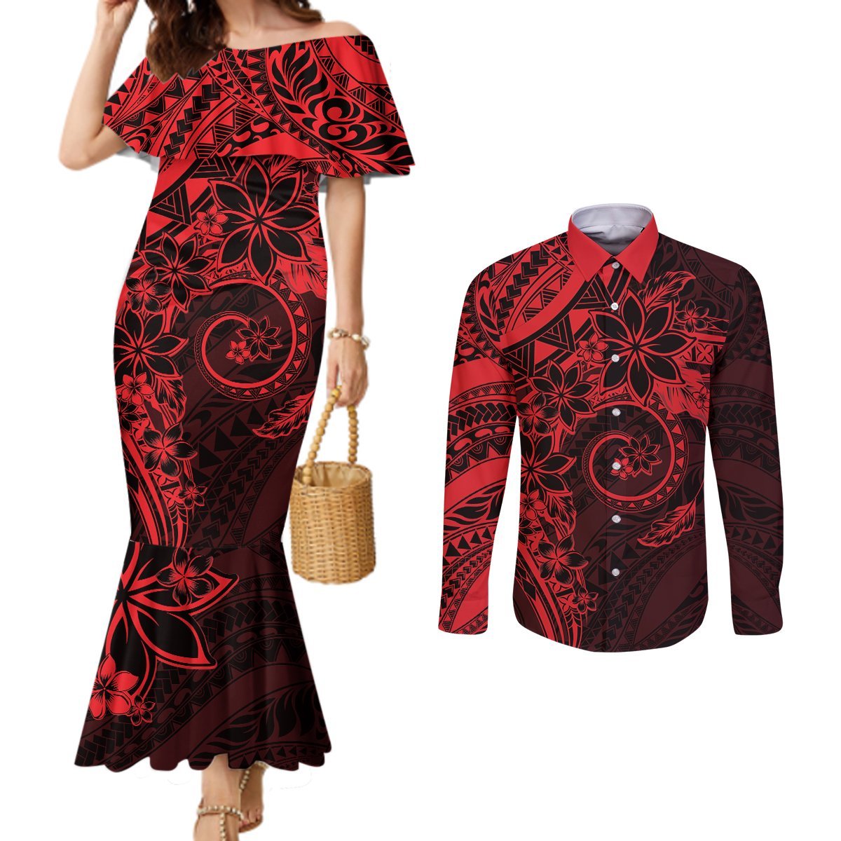 Polynesian Sunset Plumeria Couples Matching Mermaid Dress and Long Sleeve Button Shirt Red Polynesian Tattoo LT05 Red - Polynesian Pride