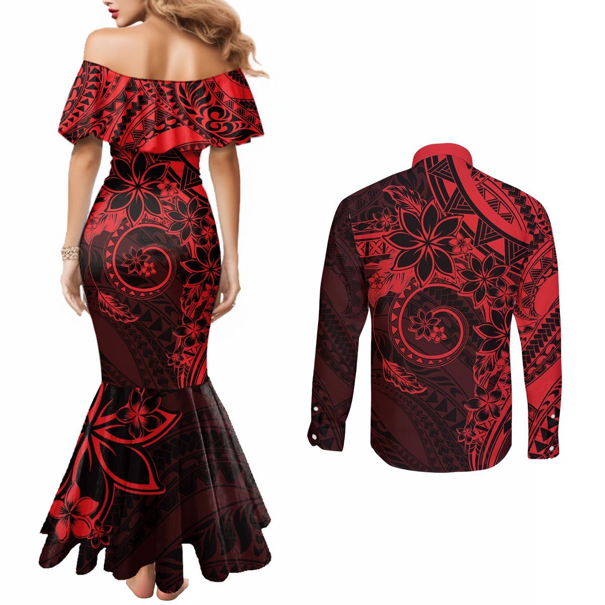 Polynesian Sunset Plumeria Couples Matching Mermaid Dress and Long Sleeve Button Shirt Red Polynesian Tattoo LT05 - Polynesian Pride