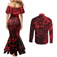 Polynesian Sunset Plumeria Couples Matching Mermaid Dress and Long Sleeve Button Shirt Red Polynesian Tattoo LT05 - Polynesian Pride