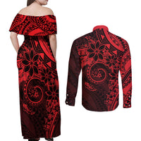 Polynesian Sunset Plumeria Couples Matching Off Shoulder Maxi Dress and Long Sleeve Button Shirt Red Polynesian Tattoo