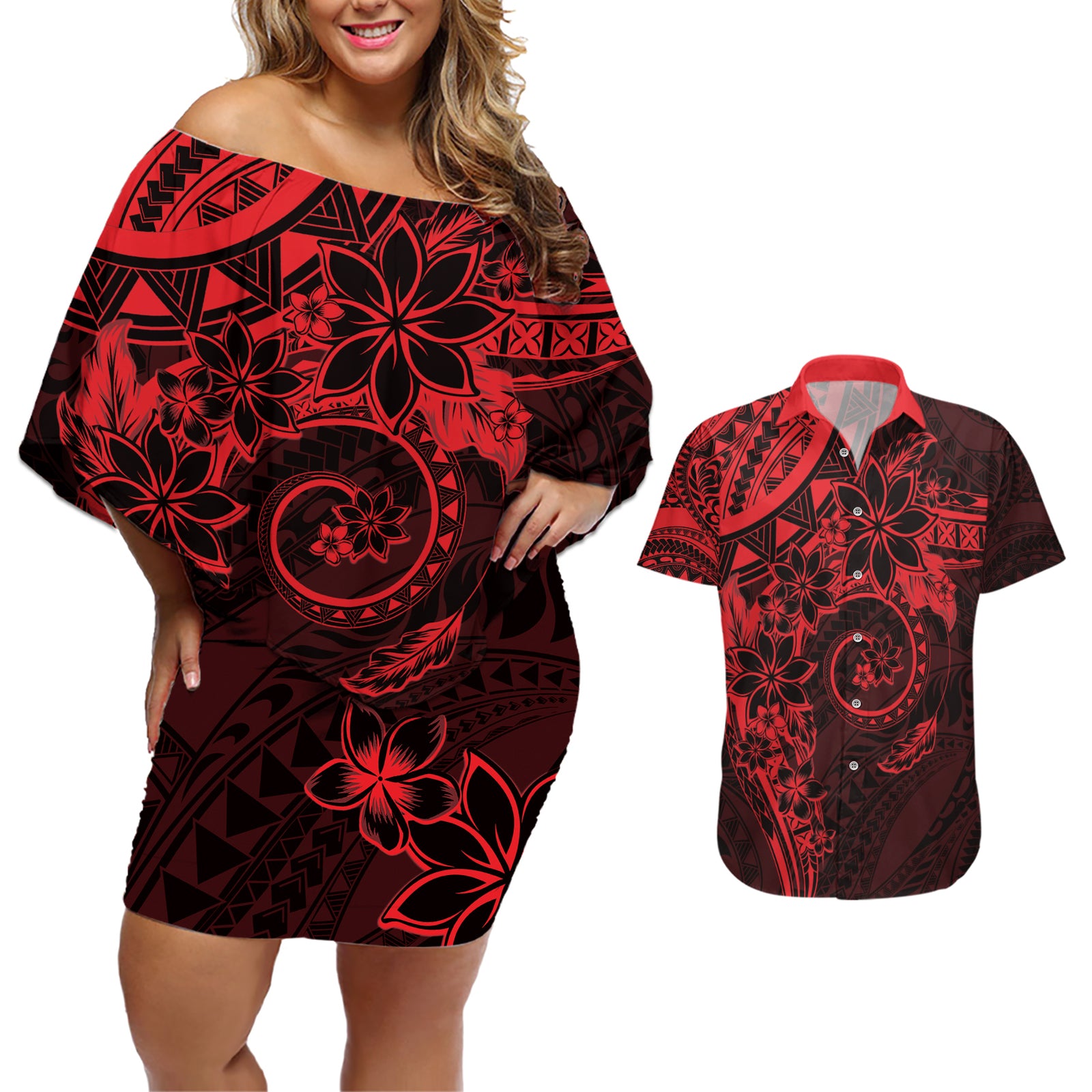Polynesian Sunset Plumeria Couples Matching Off Shoulder Short Dress and Hawaiian Shirt Red Polynesian Tattoo