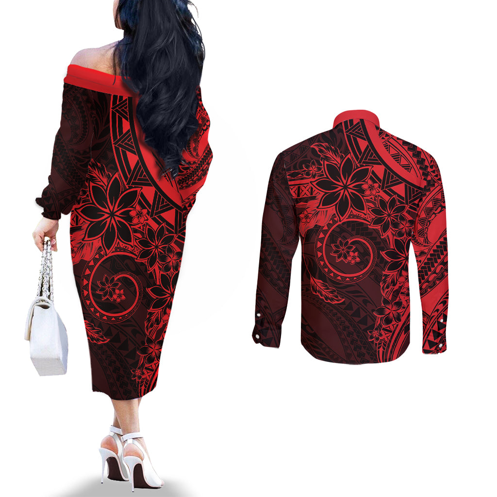 Polynesian Sunset Plumeria Couples Matching Off The Shoulder Long Sleeve Dress and Long Sleeve Button Shirt Red Polynesian Tattoo