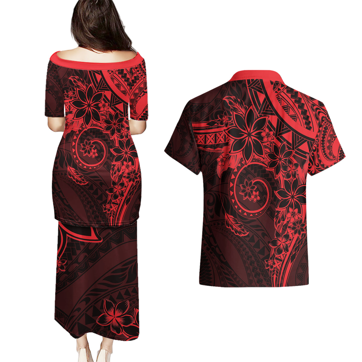 Polynesian Sunset Plumeria Couples Matching Puletasi and Hawaiian Shirt Red Polynesian Tattoo