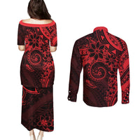 Polynesian Sunset Plumeria Couples Matching Puletasi and Long Sleeve Button Shirt Red Polynesian Tattoo
