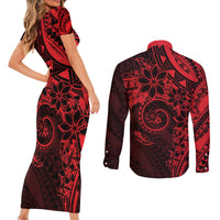 Polynesian Sunset Plumeria Couples Matching Short Sleeve Bodycon Dress and Long Sleeve Button Shirt Red Polynesian Tattoo