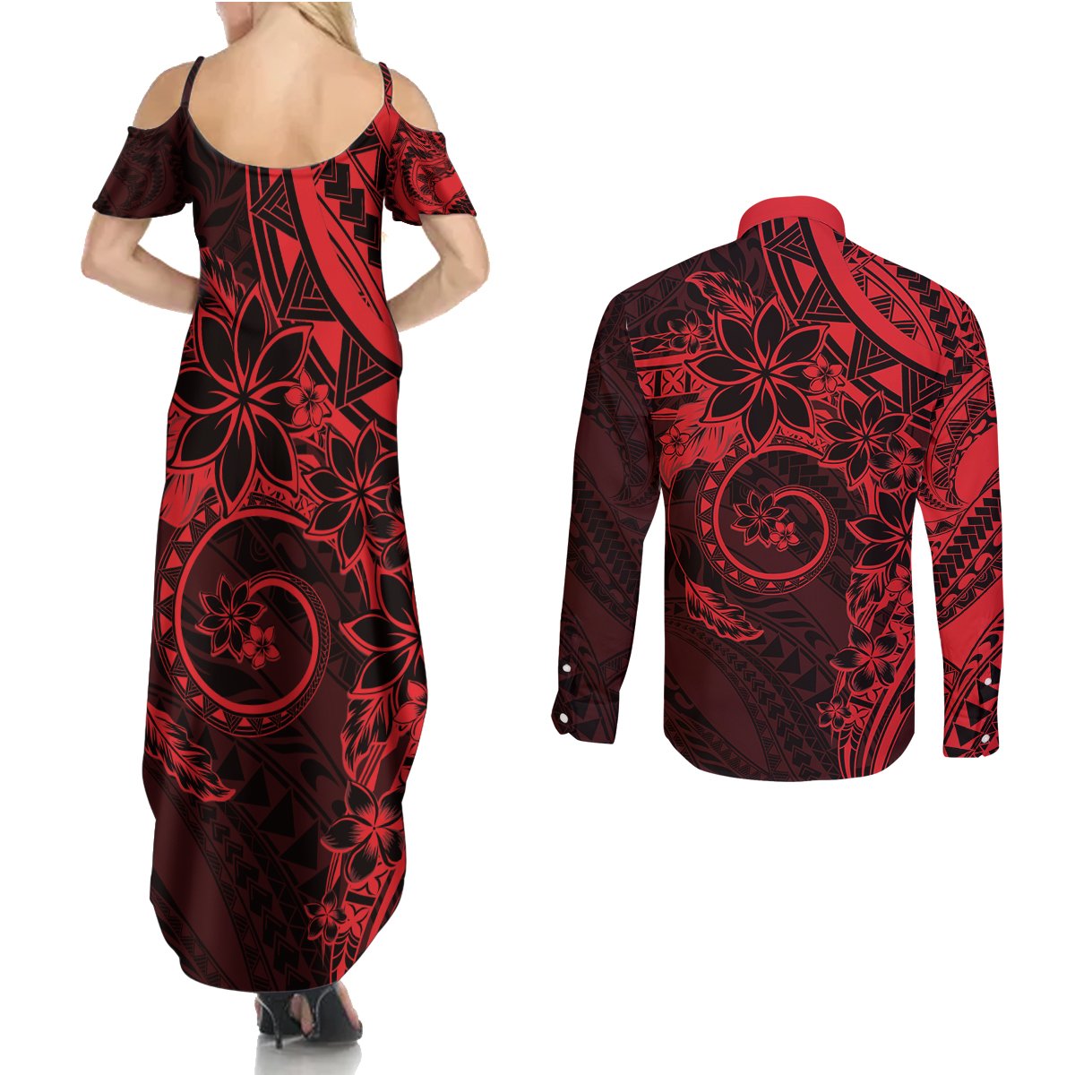 Polynesian Sunset Plumeria Couples Matching Summer Maxi Dress and Long Sleeve Button Shirt Red Polynesian Tattoo