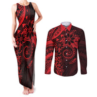 Polynesian Sunset Plumeria Couples Matching Tank Maxi Dress and Long Sleeve Button Shirt Red Polynesian Tattoo