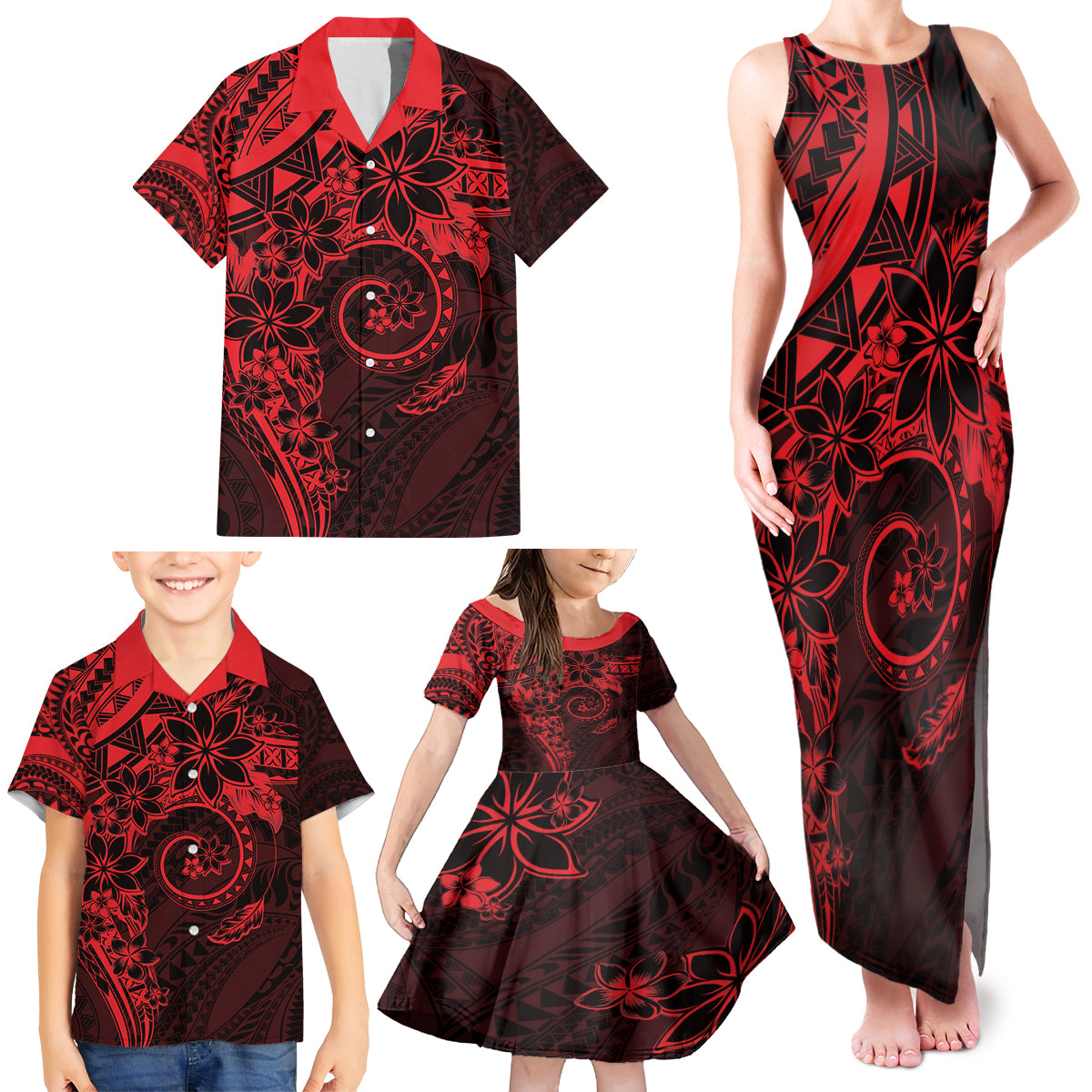 Polynesian Sunset Plumeria Family Matching Tank Maxi Dress and Hawaiian Shirt Red Polynesian Tattoo