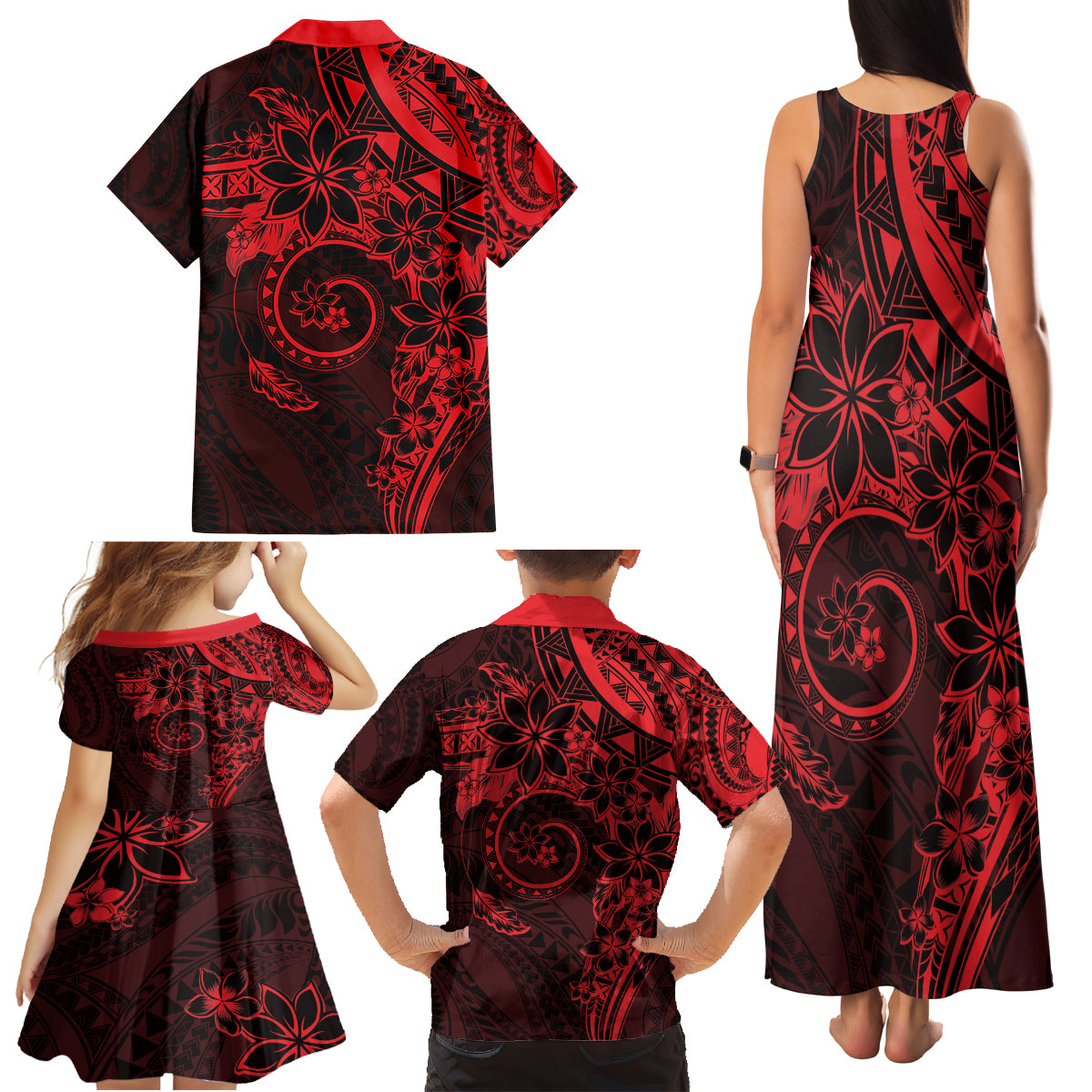 Polynesian Sunset Plumeria Family Matching Tank Maxi Dress and Hawaiian Shirt Red Polynesian Tattoo